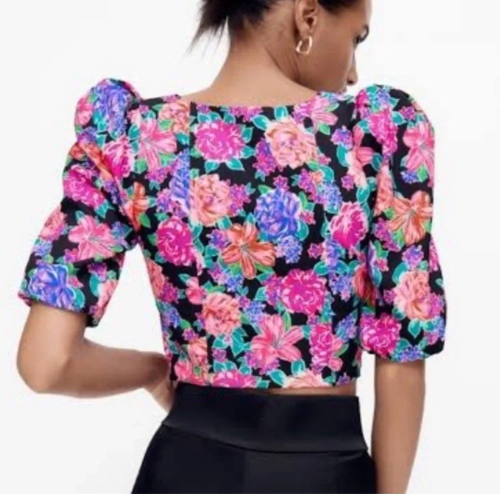 Zara Floral Puff Sleeve Crop Top Blouse - Picture 13 of 14